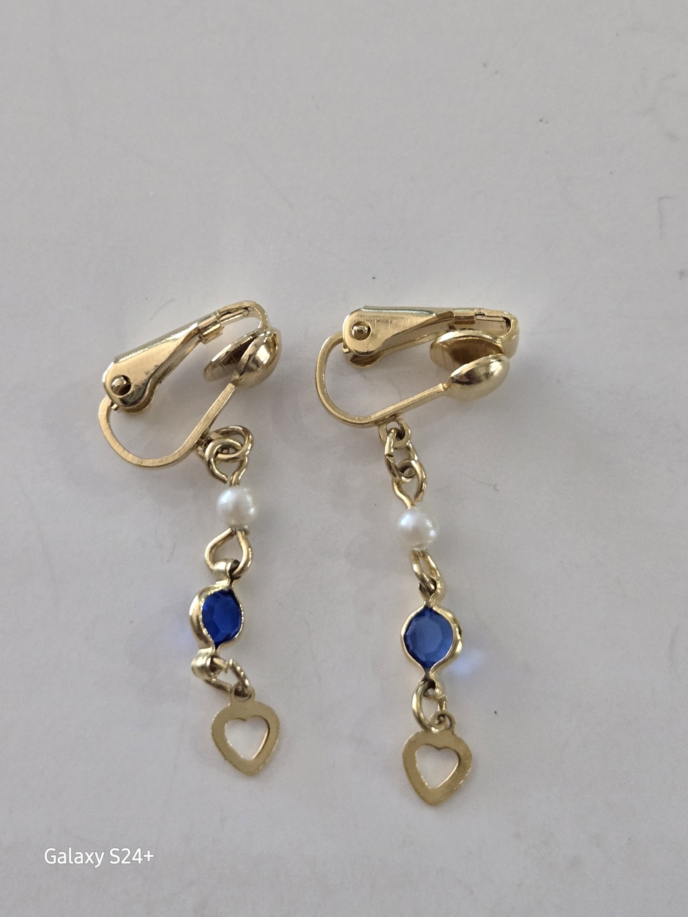 Gold-Tone Blue Heart Drop Clip-On Earrings